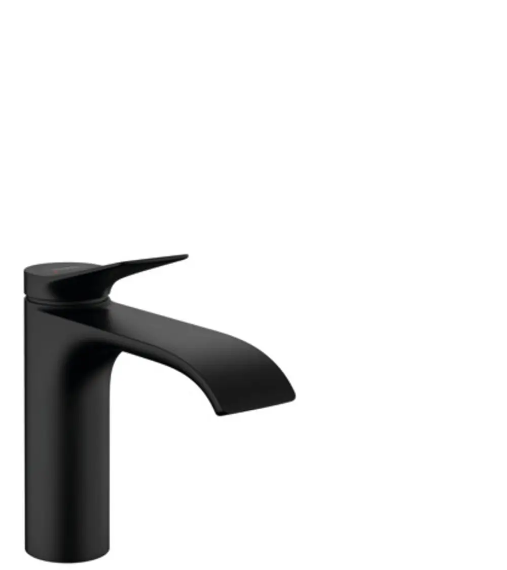Einhebel-Waschtischmischer in mattschwarz von Hansgrohe, mit flacher Auslaufkante und seitlichem Hebel zum Regulieren des Wasserflusses.